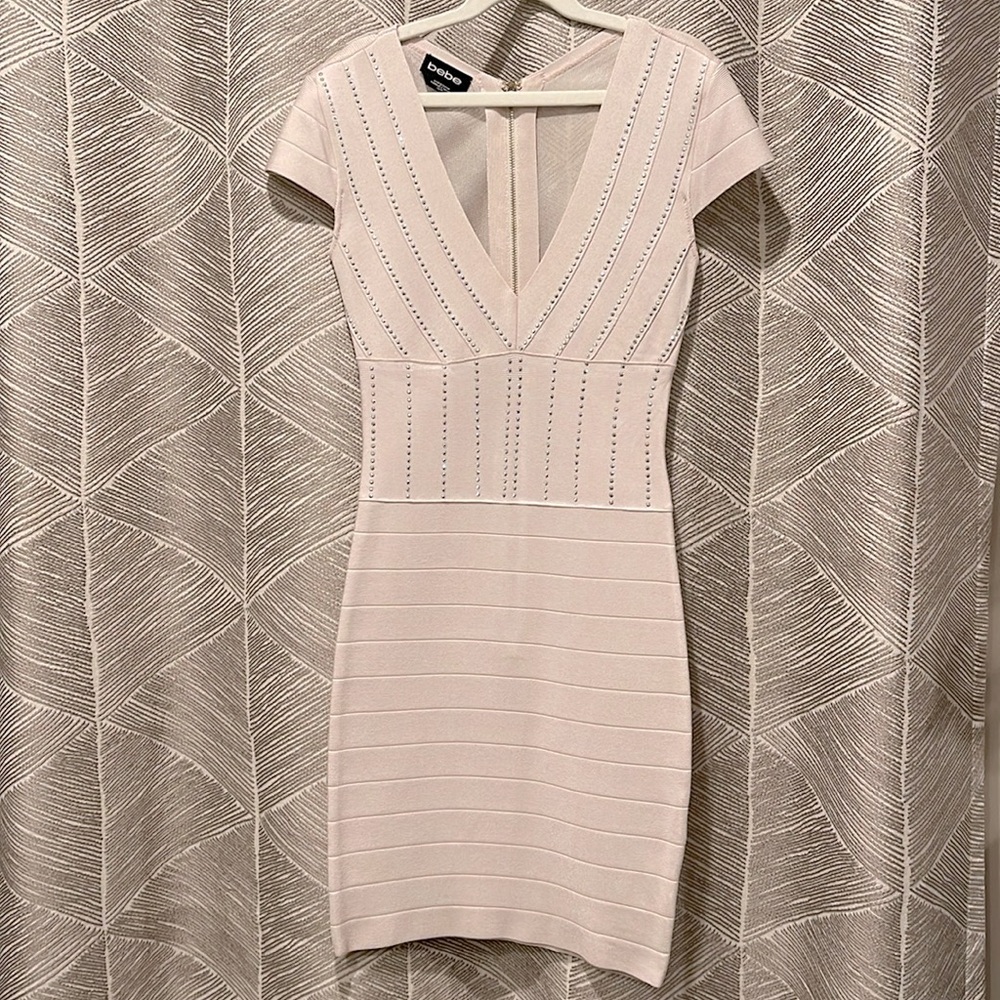 Bebe Embellished Bandage and Mesh Dress, Cream XS - Picture 2 of 7